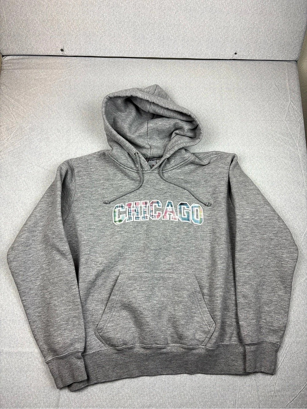 MV Sport Chicago Plaid Applique Hoodie XL Gray